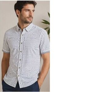 Ted Baker London Men's Size 5 (XL) Button-Up SS Shirt White Navy Geometric Print